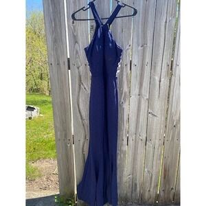 Xtraordinary Navy Blue Glitter Halter Mermaid Gown Rhinestone Cutouts Size 7
